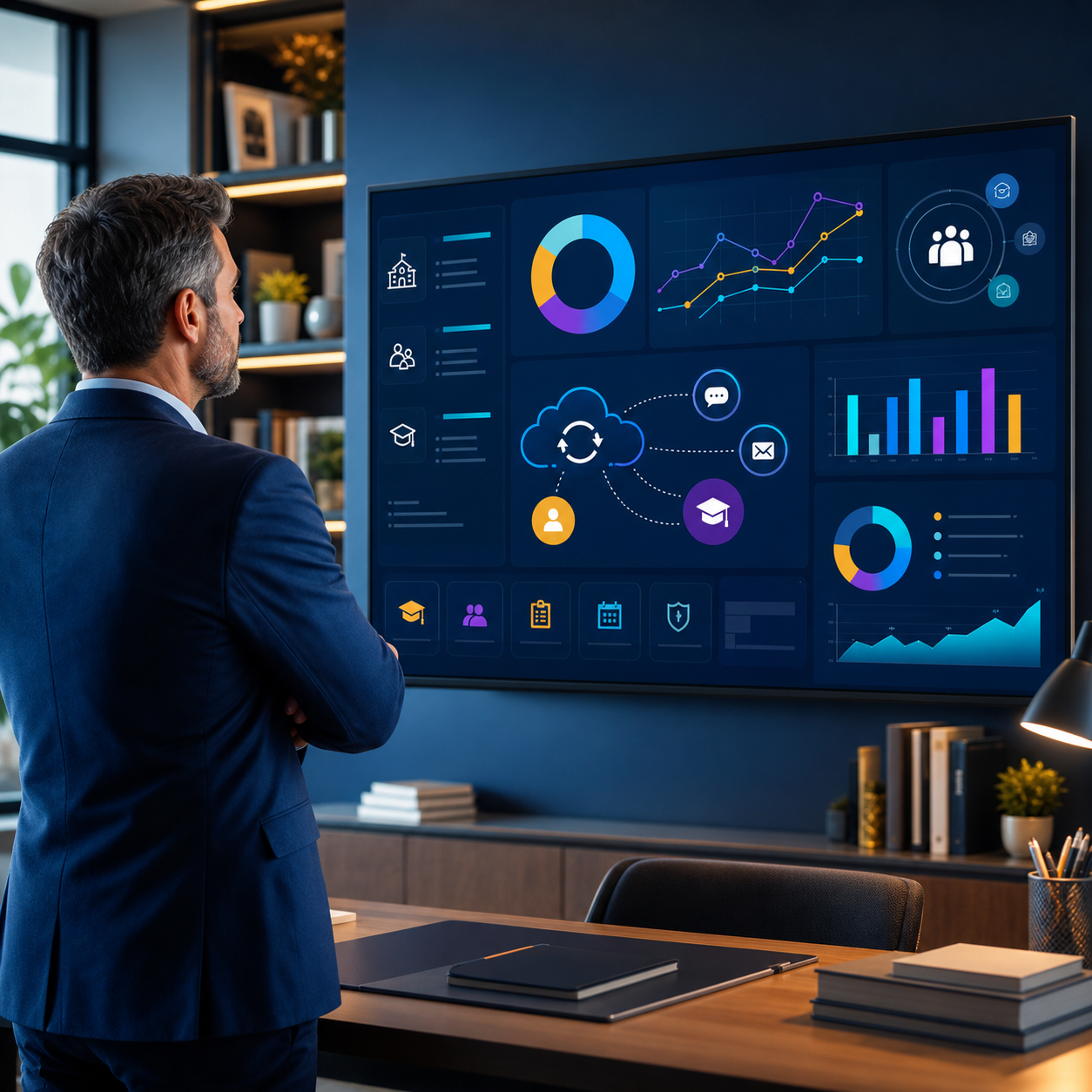 Diretor escolar analisando tendências e dashboards de gestão