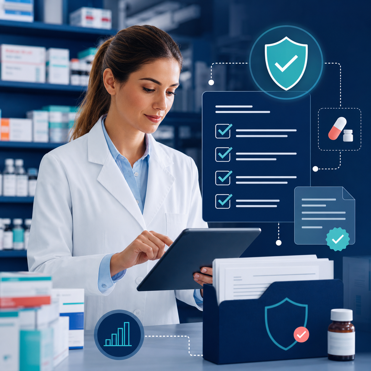 Farmacêutica conferindo regras e documentos de medicamentos controlados