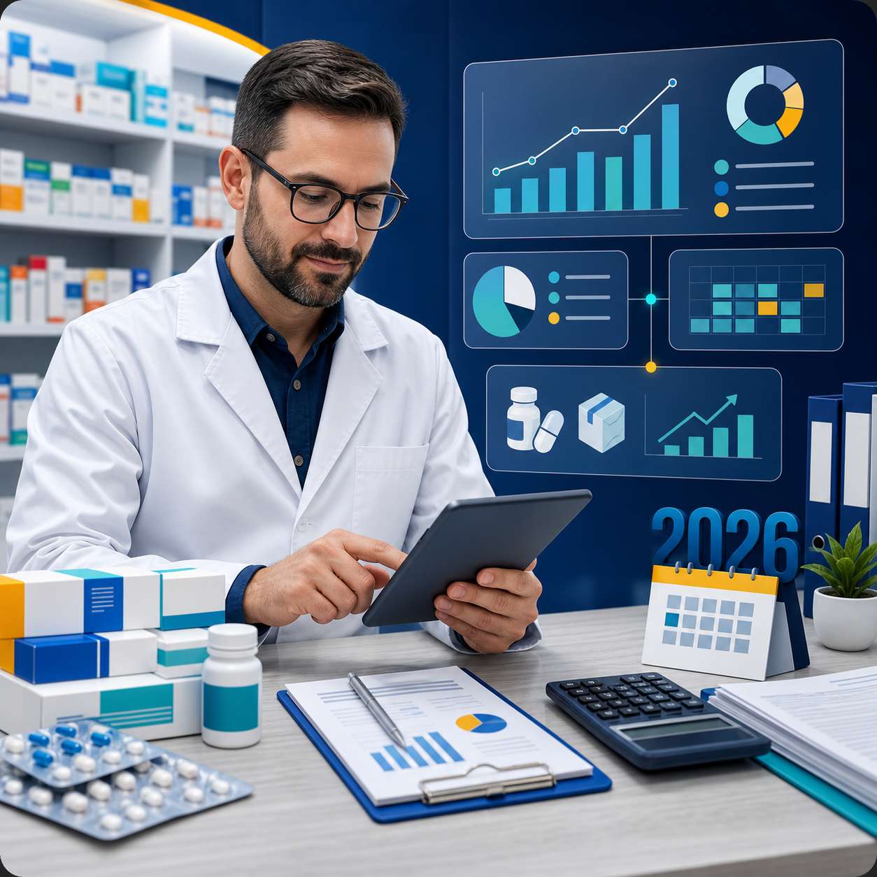 Farmacêutico analisando indicadores fiscais e estoque de medicamentos